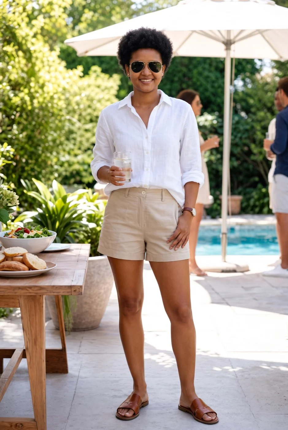 Bera look: white shirt and beige shorts