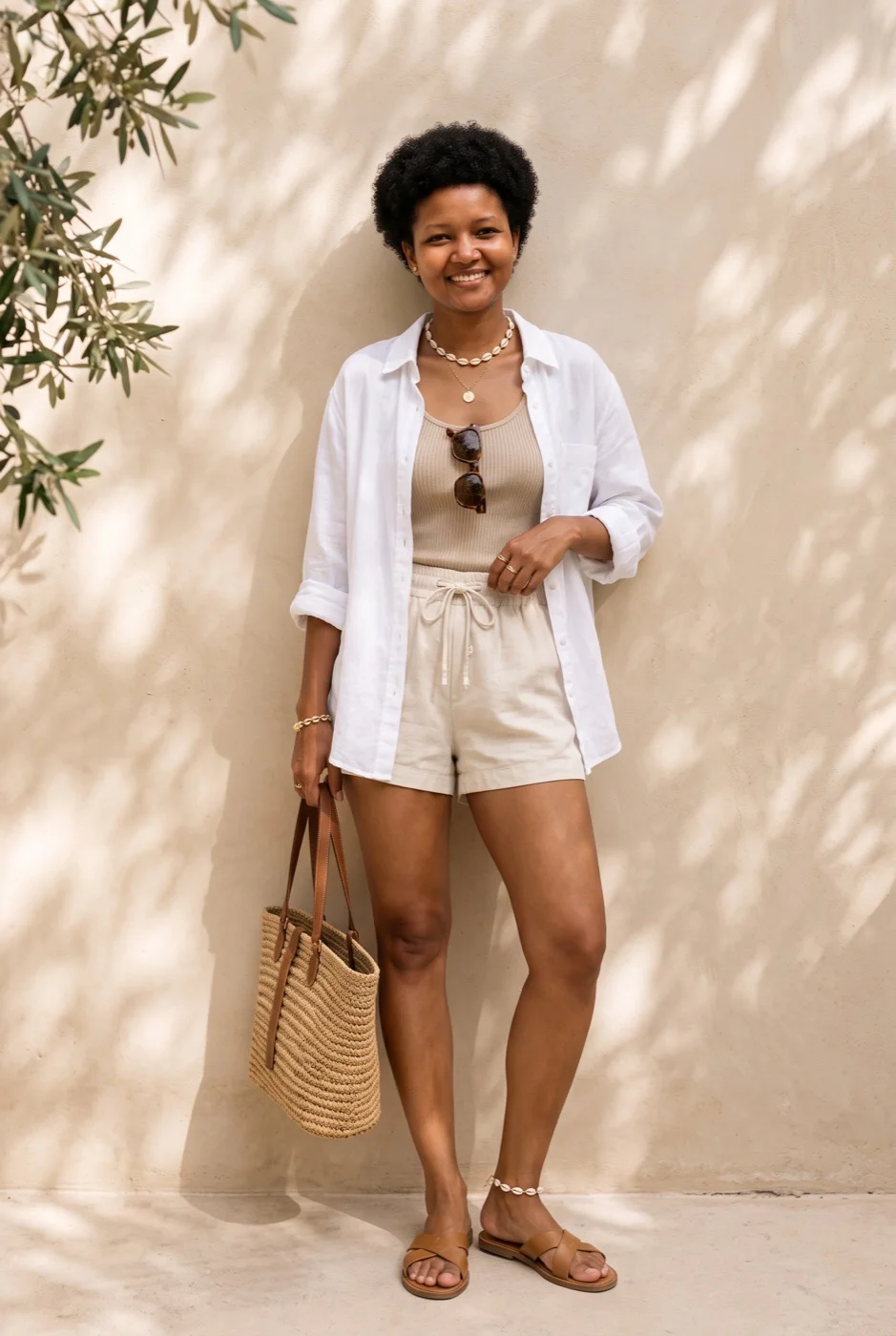 Bera look: white shirt and linen shorts