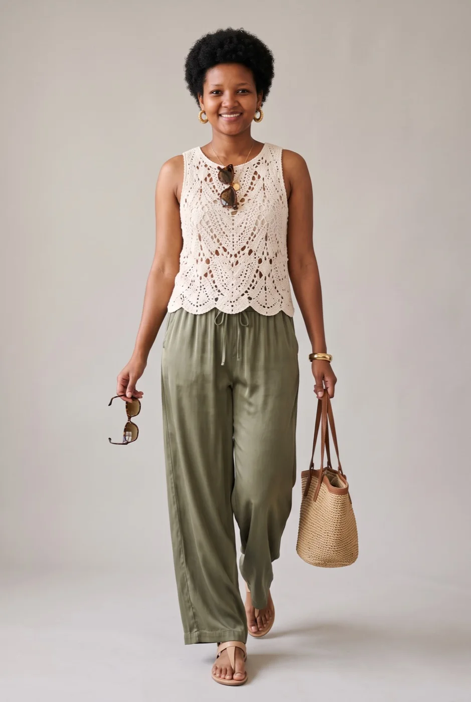 Bera look: crochet top and olive satin