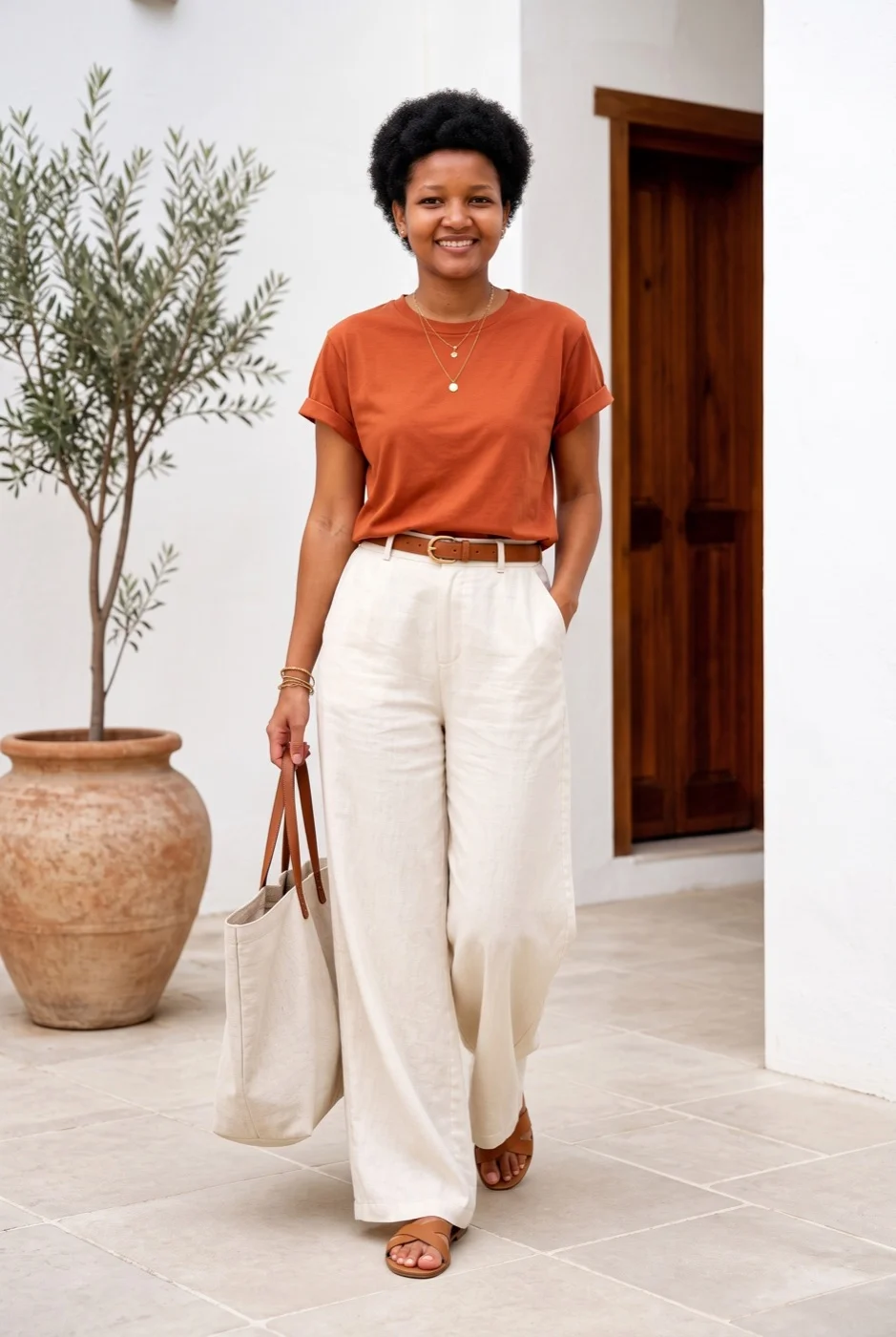 Bera look: rust tee and cream trousers