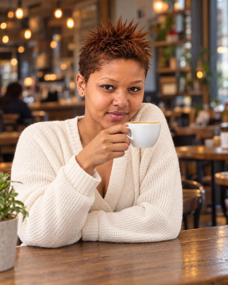 NIA in a café holding a cup