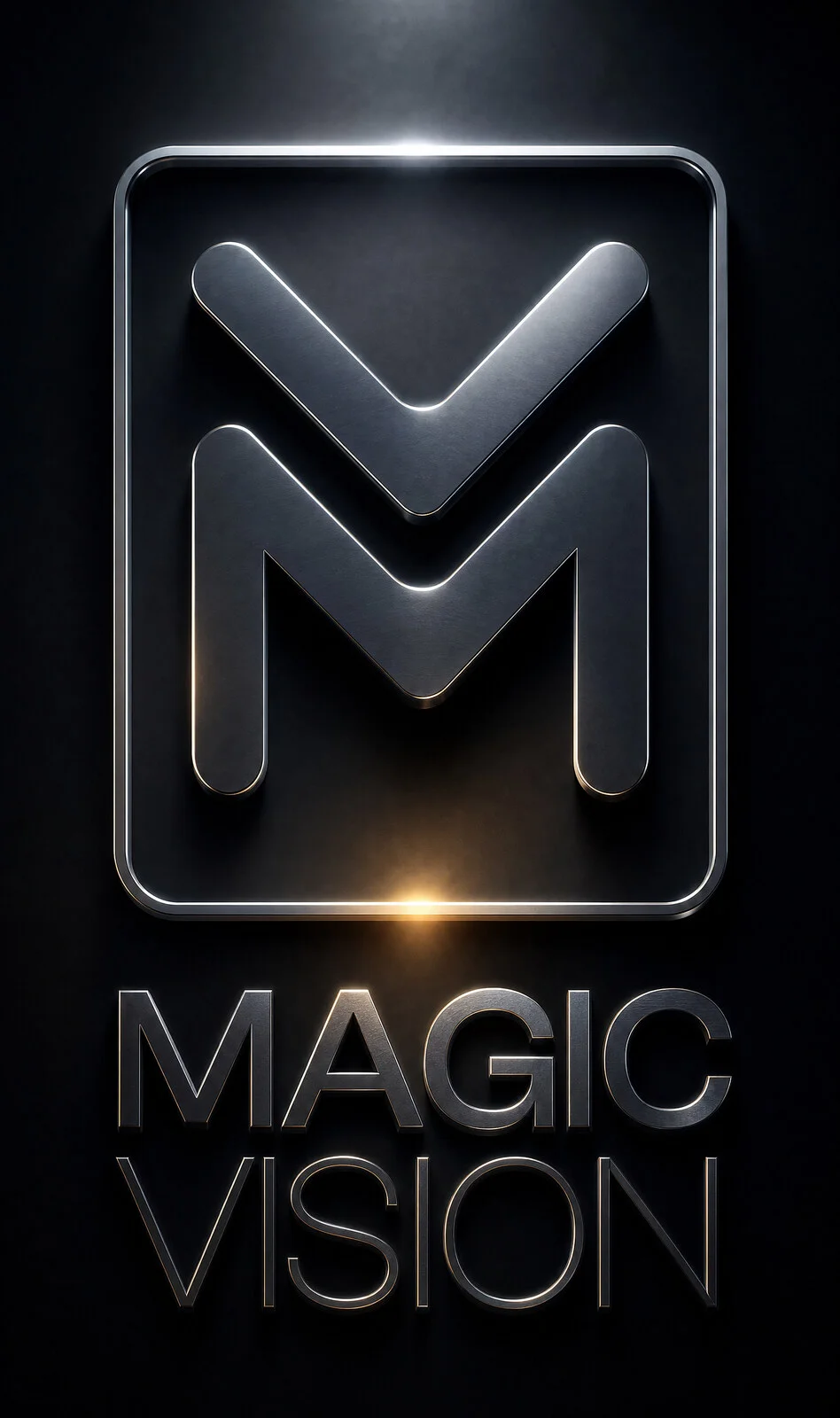 The mark rendered in brushed steel with a warm key light