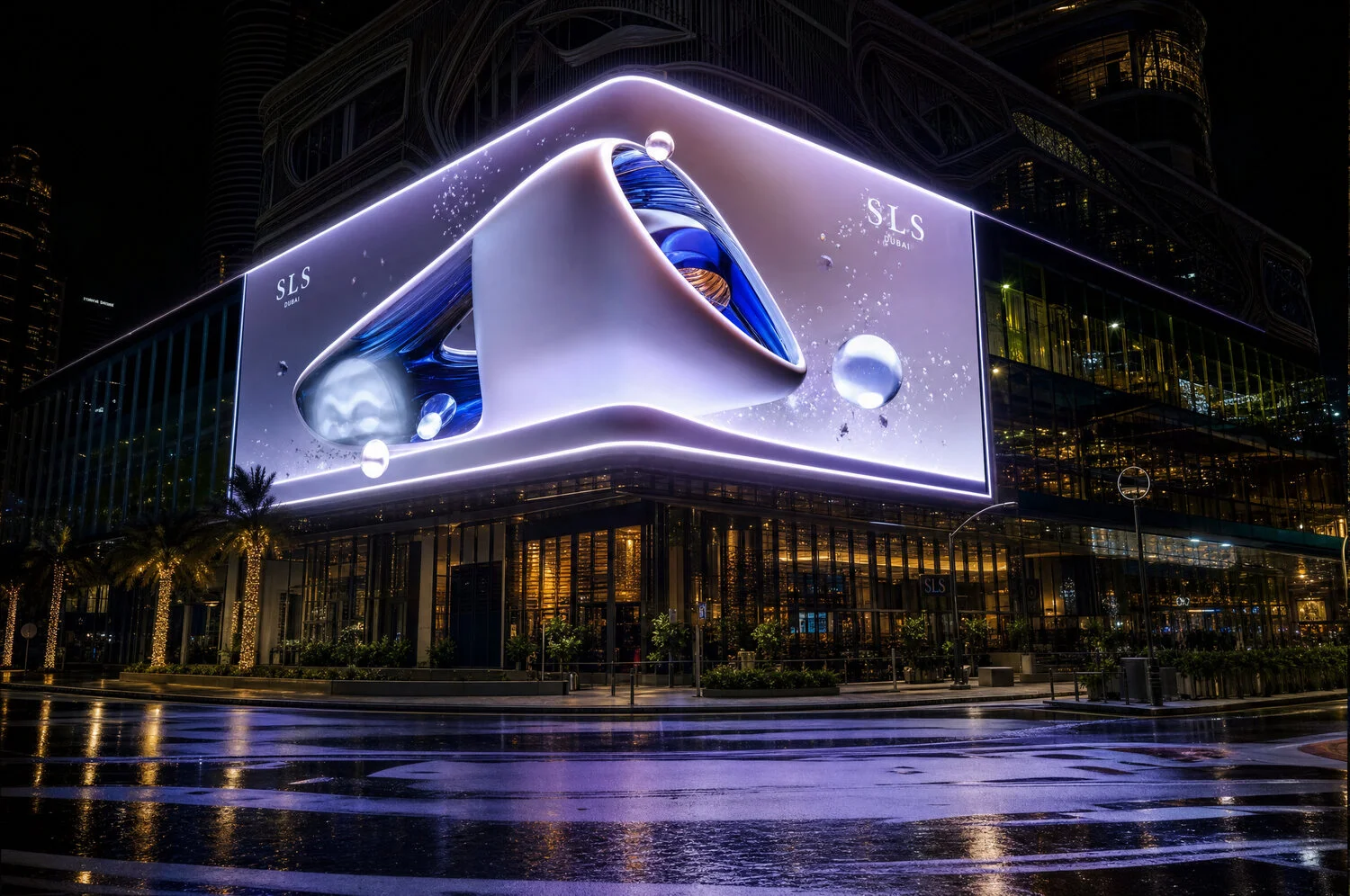A Magic Vision anamorphic build wrapping the corner screen at SLS Dubai at night