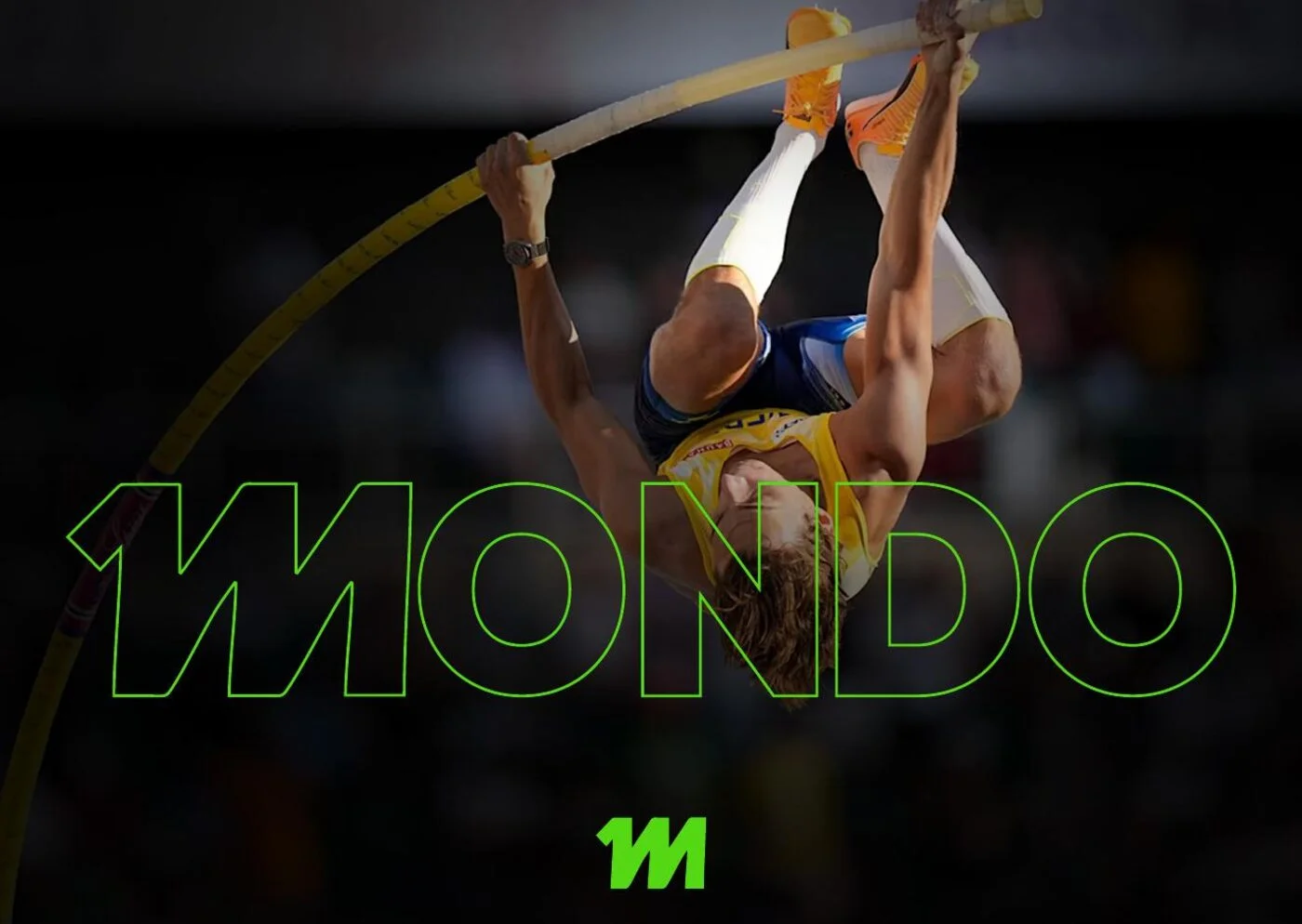 The MONDO wordmark over a pole vaulter at the top of the jump