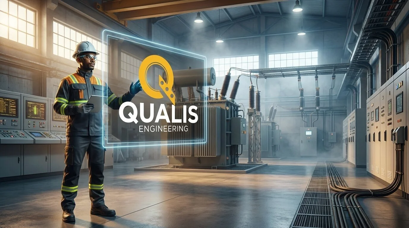 A Qualis engineer working in a substation, transformer behind him