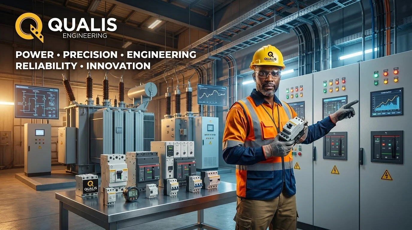 Switchgear, breakers and protection devices laid out with an engineer presenting them