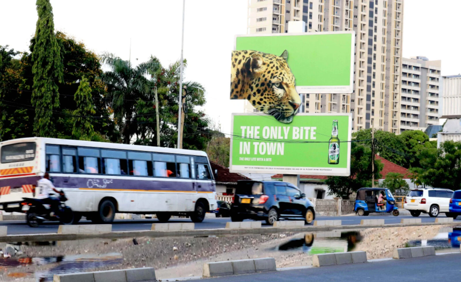 A Tusker Lite board on a Dar es Salaam dual carriageway, the leopard breaking out of the frame
